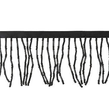 2Yards Polyester Ribbon, Glass Seed Beaded Tassel Lace Trim, Clothes Accessories, Black, 2-1/2 inch(65mm), 2yards/set