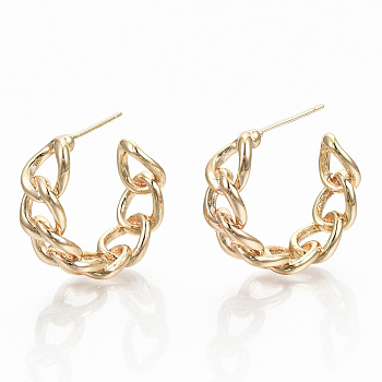 Semicircular Brass Half Hoop Earrings, Stud Earrings, Nickel Free, Curb Chain Shape, Real 18K Gold Plated, 26x23x8mm, Pin: 0.7mm