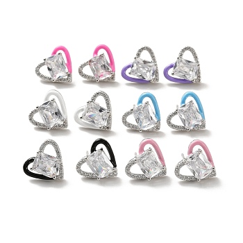 Clear Cubic Zirconia Heart Stud Earrings with Enamel, Platinum Brass Jewelry for Women, Cadmium Free & Lead Free, Mixed Color, 13x15mm, Pin: 0.8mm