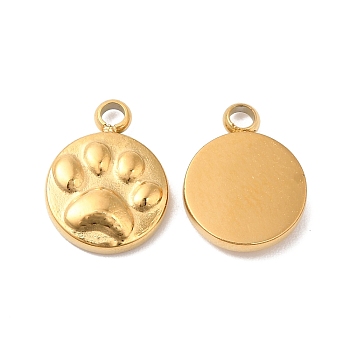 Ion Plating(IP) 304 Stainless Steel Charms, Flat Round with Paw Print Charm, Real 14K Gold Plated, 10.5x8x2mm, Hole: 1.5mm