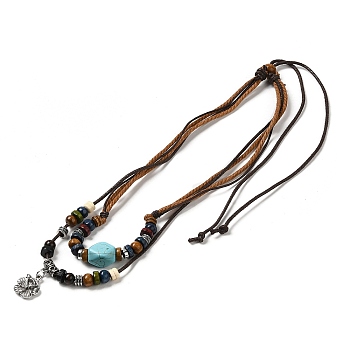 Natural Wooden & Synthetic Turquoise Polygon Double Layered Necklaces, Adjustable Necklace with Alloy Flower Charms, Antique Silver, 15.75~30.71 inch(40~78cm)