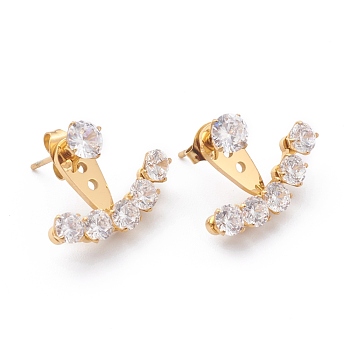 304 Stainless Steel Front Back Stud Earrings, with Clear Cubic Zirconia and Ear Nuts, Golden, 21x14.5x5mm, Pin: 1mm