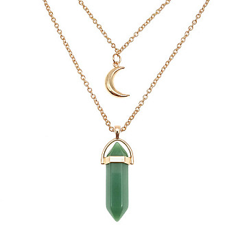 Natural Green Aventurine Cone Pendant Double Layer Necklace, with Moon Charms, 19.69 inch(50cm)