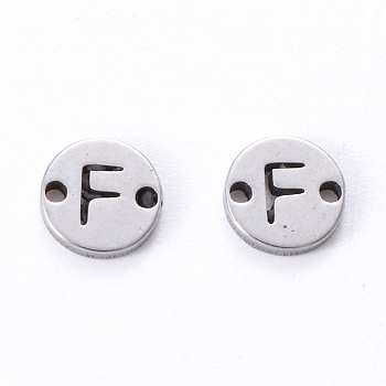 201 Stainless Steel Links, Laser Cut, Flat Round with Letter, Letter.F, 6x6x1mm, Hole: 0.8mm