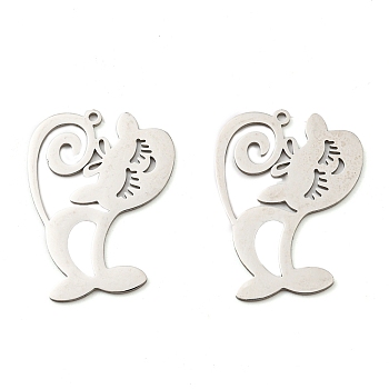 201 Stainless Steel Pendants, Laser Cut, Cat Charm, Stainless Steel Color, 29x22x1mm, Hole: 1.2mm
