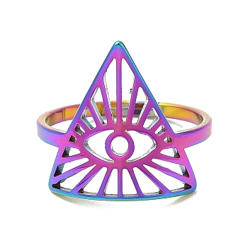Ion Plating(IP) 304 Stainless Steel Triangle with Horse Eye Adjustable Ring for Women, Rainbow Color, US Size 6(16.5mm)