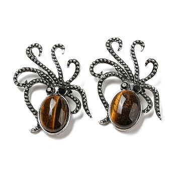 Natural Tiger Eye Octopus Brooch, Alloy Pave Jet Rhinestone Sea Animal Pins, Antique Silver, 52.5~53x36.5x8~9mm, Hole: 7x4mm