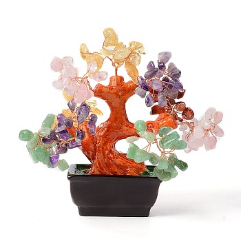 Natural Gemstone Chips Money Tree Bonsai Display Decorations, for Home Office Decor Good Luck, 140x85x170mm