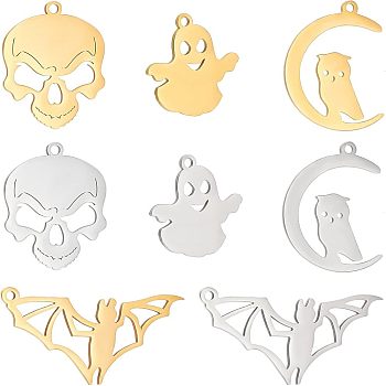 Unicraftale 8Pcs 8 Style 201 Stainless Steel Pendants, Golden & Stainless Steel Color, 18~32x16~19x1mm, Hole: 1.5mm, 1pc/style