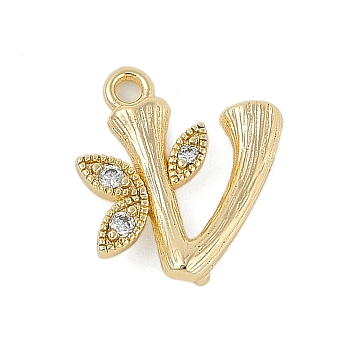 Brass Crystal Rhinestone Letter Links Connector Charms, Real 18K Gold Plated, Letter V, 13x12x3.5mm, Hole: 1.2mm and 1.5mm