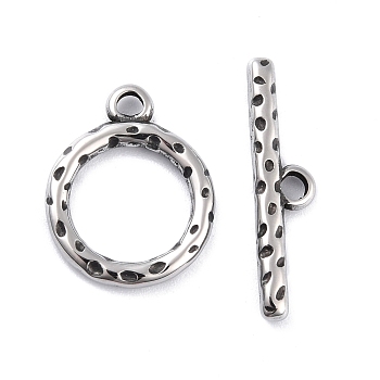 304 Stainless Steel Toggle Clasps, Hammered, Tibetan Style, Antique Silver, Ring: 19.5x16x2.5mm, Hole: 2.5mm, Bar: 6x25.5x2.5mm, Hole: 2.5mm
