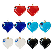 Pandahall 10Pcs 5 Colors Handmade Evil Eye Lampwork Pendants, with Light Gold Tone Brass Findings, Long-Lasting Plated, Heart Charm, Mixed Color, 19x17.5~18.5x8.5~9mm, Hole: 1.4mm, 2pcs/color(LAMP-TA0001-15)