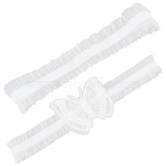 Polyester Lace Elastic Bridal Garters, with Imitation Pearl Beads, Wedding Garment Accessories, White, 195~204x26mm, 2pcs/set(DIY-WH0308-148A)