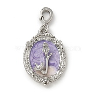 Brass Pendants, with Enamel, Oval with Flower Charm, Platinum, Lilac, 31x21.5x7mm, Hole: 5x3.5mm(KK-R210-07P-02)