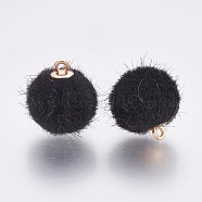 Handmade Faux Mink Fur Covered Pendants, with Golden Tone Alloy Findings, Round, Black, 16.5~17x14~14.5mm, Hole: 1.6mm(WOVE-TAC0001-B-04)