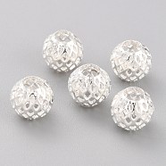 Long-Lasting Plated Hollowed Brass Beads, Filigree Beads, Round, 925 Sterling Silver Plated, 9.5x9mm, Hole: 4.5mm(KK-O133-002C-S)
