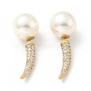Clear Cubic Zirconia Horn with Acrylic Pearl Front Back Stud Earrings, Brass Jewelry for Women, Cadmium Free & Lead Free, Golden, 36x13mm, Pin: 0.7mm(EJEW-G295-02A-G)