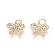 Brass Charms, with Clear Cubic Zirconia and Jump Rings, Bowknot, Golden, 10.5x12.5x2mm, Hole: 3mm(ZIRC-L087-018G)