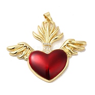 Rack Plating Brass Micro Pave Cubic Zirconia with Epoxy Resin Pendants, Cadmium Free & Lead Free, Real 18K Gold Plated, Long-Lasting Plated, Heart with Wing, Red, 42x48x6mm, Hole: 3x5mm(KK-P241-42G)