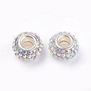 Resin Grade A Rhinestone European Beads, Large Hole Rondelle Beads, with Silver Color Plated Brass Core, Crystal AB, 12x8mm, Hole: 4mm(X-CPDL-H001-12x9mm-10)