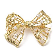 Hollow Bowknot Alloy Brooches, with Plastic Pearl Beads, for Backpack Clothes, Golden, 33.5x42mm(JEWB-S028-03)