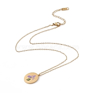 Enamel Oval with Birth Flower Pendant Necklace, Golden 304 Stainless Steel Jewelry for Women, February Iris, 15.67~16.26 inch(39.8~41.3cm)(STAS-H174-02G-B)