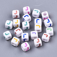 Opaque White Acrylic Beads, with Enamel, Horizontal Hole, Cube with Mixed Color Letter, Letter.J, 6x6x6mm, Hole: 3mm, about 2900pcs/500g(SACR-R252-02J)