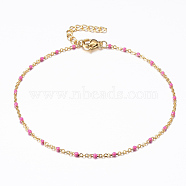 Ion Plating(IP) 304 Stainless Steel Cable Chain Anklets, with Enamel Links, Golden, Pink, 9 inch(230mm), 1.5mm(AJEW-K018-01B)