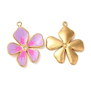 304 Stainless Steel Enamel Pendants, with Rhinestones, Real 18K Gold Plated, Flower Charm, Violet, 21.5x17x2.5mm, Hole: 1.5mm(STAS-K256-10G-04)