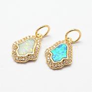 Brass Micro Pave Cubic Zirconia Charms, with Synthetic Opal, Palm, Golden, Mixed Color, 15x10x2mm, Hole: 5mm(ZIRC-E116-01A)