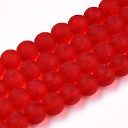 Transparent Glass Beads Strands, Frosted, Round, Red, 8~8.5mm, Hole: 1.5mm, about 51~53pcs/strand, 14.96 inch~15.55 inch(38~39.7cm)(GLAA-T032-T8mm-MD09)
