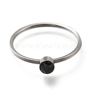 304 Stainless Steel Finger Rings, with Rhinestone, Flat Round, Stainless Steel Color, Jet, US Size 7~7 3/4(17.3~17.9mm)(RJEW-B0005-7-02P-A)