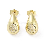 Teardrop Rack Plating Brass Cubic Zirconia Stud Earrings for Women, Long-Lasting Plated, Lead Free & Cadmium Free, Real 18K Gold Plated, Clover, 19x11mm(EJEW-B047-02G-13)