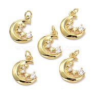 Brass Micro Pave Clear Cubic Zirconia Pendants, with Jump Ring, Long-Lasting Plated, Moon, Real 18K Gold Plated, 17x12.5x2.5mm, Jump Rings: 5x1mm, 3mm Inner Diameter(ZIRC-L100-131G)