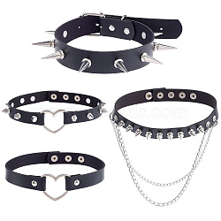 4Pcs 4 Styles Gothic Style Spiked Rivet Imitation Leather Chocker Necklaces, Platinum, Black, 15.31~16.54 inch(38.9~42cm), 1pc/style(NJEW-CL0001-19)
