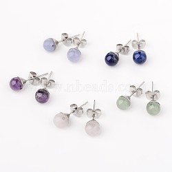 304 Stainless Steel Stud Earring Findings, with Round Natural Rose Quartz/Lapis Lazuli/Quartz/Green Aventurine/Amethyst with Hole, 20mm, Pin: 0.6mm(X-EJEW-JE02067)