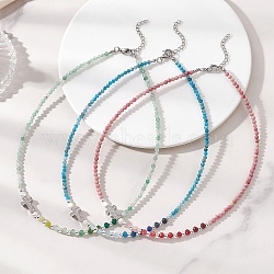 Natural Mixed Stone Faceted Round and Dyed Malaysia Jade & Pearl Beaded Necklaces with Brass Micro Pave Clear Cubic Zirconia Cross, Platinum, 15.47~15.51 inch(39.3~39.4cm)(NJEW-JN05975)