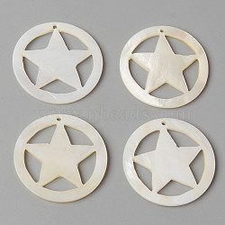 Natural Freshwater Shell Pendants, Ring with Star, Creamy White, 30x2mm, Hole: 1.4mm(X-SHEL-N026-89)