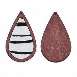 Eco-Friendly Cowhide Leather Big Pendants, Teardrop with Zebra Pattern, Floral White, 60x36x3mm, Hole: 1.2mm(FIND-N049-15)