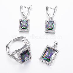 Brass Micro Pave Cubic Zirconia Jewelry Sets, Pendants & Hoop Earrings & Finger Rings, Rectangle, Platinum, Colorful, Size 10(20mm); 25x13.5x7mm, Hole: 5x3.5mm; 31x11x16mm, Pin: 1mm(SJEW-H078-20mm-31)
