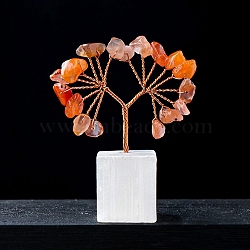 Natural Red Agate Chips Tree of Life Decorations, Natural Selenite Cube Base Copper Wire Feng Shui Energy Stone Gift for Women Men Meditation, 60mm(PW-WG21303-07)