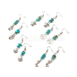 Synthetic Turquoise Chips Beaded Dangle Earrings, Brass Ocean Theme Long Drop Earrings for Women, Mixed Shape, Antique Silver, 50~55mm, Pin: 0.7mm(EJEW-JE04890-01)