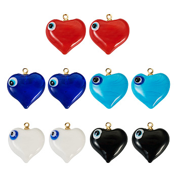 Pandahall 10Pcs 5 Colors Handmade Evil Eye Lampwork Pendants, with Light Gold Tone Brass Findings, Long-Lasting Plated, Heart Charm, Mixed Color, 19x17.5~18.5x8.5~9mm, Hole: 1.4mm, 2pcs/color