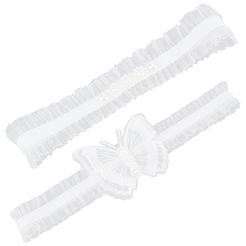 Polyester Lace Elastic Bridal Garters, with Imitation Pearl Beads, Wedding Garment Accessories, White, 195~204x26mm, 2pcs/set