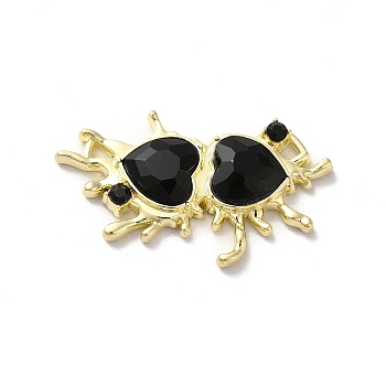 Alloy Connector Charms, Melting Heart Links with Glass, Lead Free & Cadmium Free, Light Gold, Black, 24x40x6mm, Hole: 2.6x2mm and 2.6x2.8mm