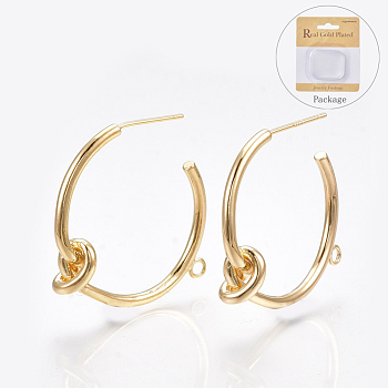 Brass Stud Earring Findings, Half Hoop Earrings, Knot, Nickel Free, Real 18K Gold Plated, 29x27x7mm, Hole: 1.6mm, Pin: 0.7mm