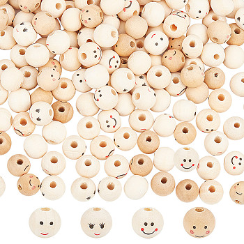 200Pcs 4 Styles Printed Wood Beads, Round with Smiling Face Pattern, Undyed, Beige, 11.5~12x10.5~11mm, Hole: 2.9~3mm, 50pcs/style