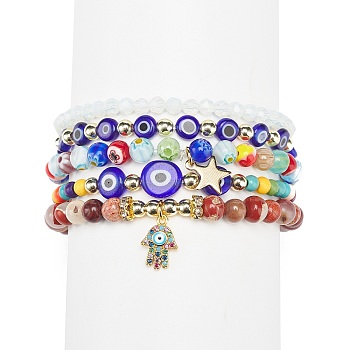 5Pcs 5 Style Natural & Synthetic Mixed Gemstone & Lampwork Evil Eye & Millefiori Stretch Bracelets Set, Cubic Zirconia Hamsa Hand & Star Charms Stackable Bracelets for Women, Mixed Color, Inner Diameter: 2-1/8 inch(5.3cm), 1Pc/style