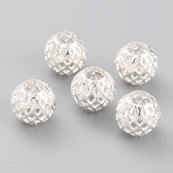 Long-Lasting Plated Hollowed Brass Beads, Filigree Beads, Round, 925 Sterling Silver Plated, 9.5x9mm, Hole: 4.5mm