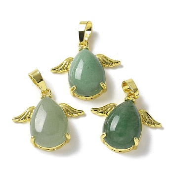 Natural Green Aventurine Pendants, Teardrop Charms with Golden Tone Brass Wings, Rack Plating, Cadmium Free & Lead Free, 22.5x24.5x9mm, Hole: 7.5x4.5mm